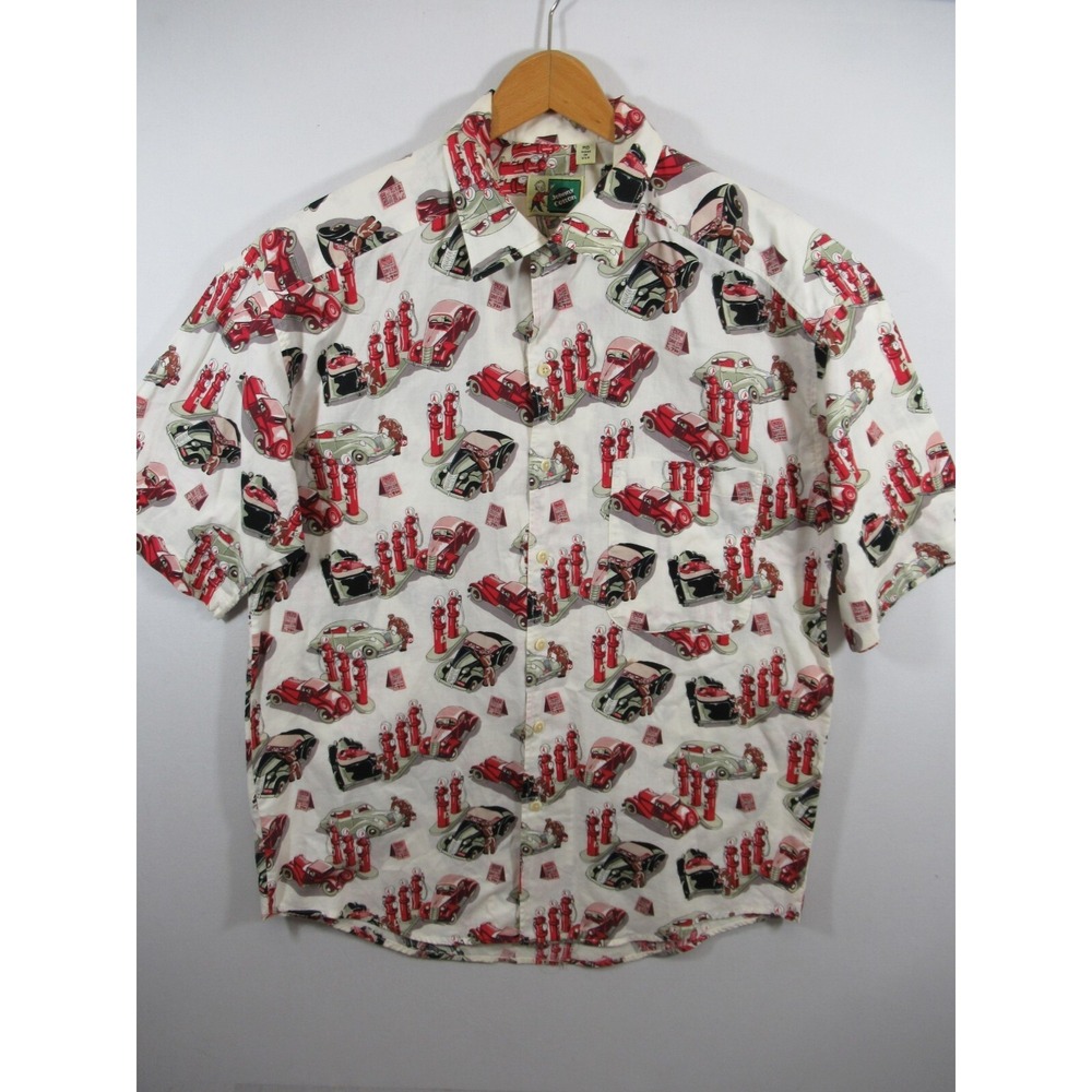 Vintage Johnny Cotton Classic Car Print Hawaiian Shirt Men Medium Camp Button Up
